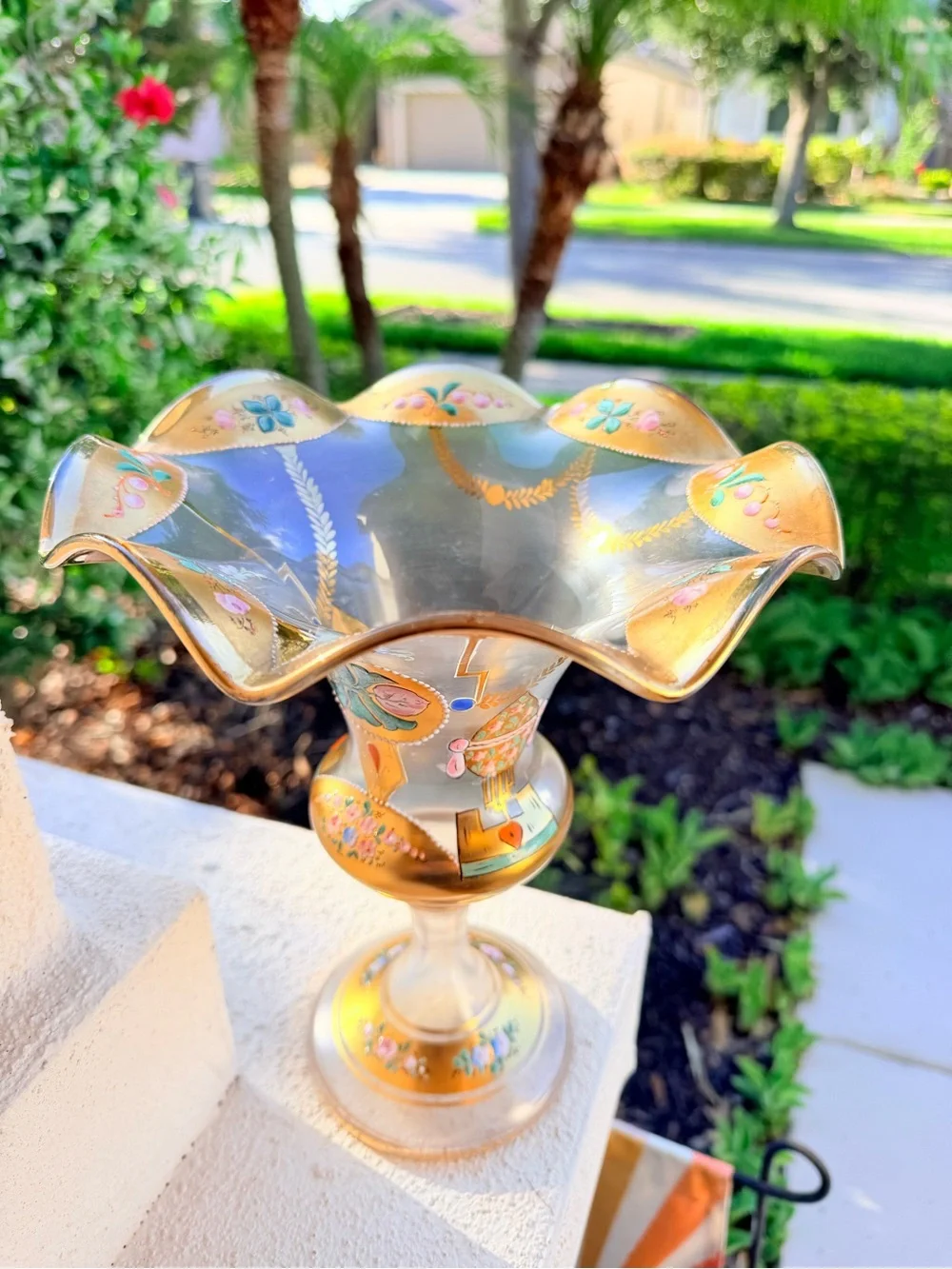 Bohemian Czech Vtg. Satin Glass Pedestal Vase Hand Painted Gold Gilt Ruffled Rim